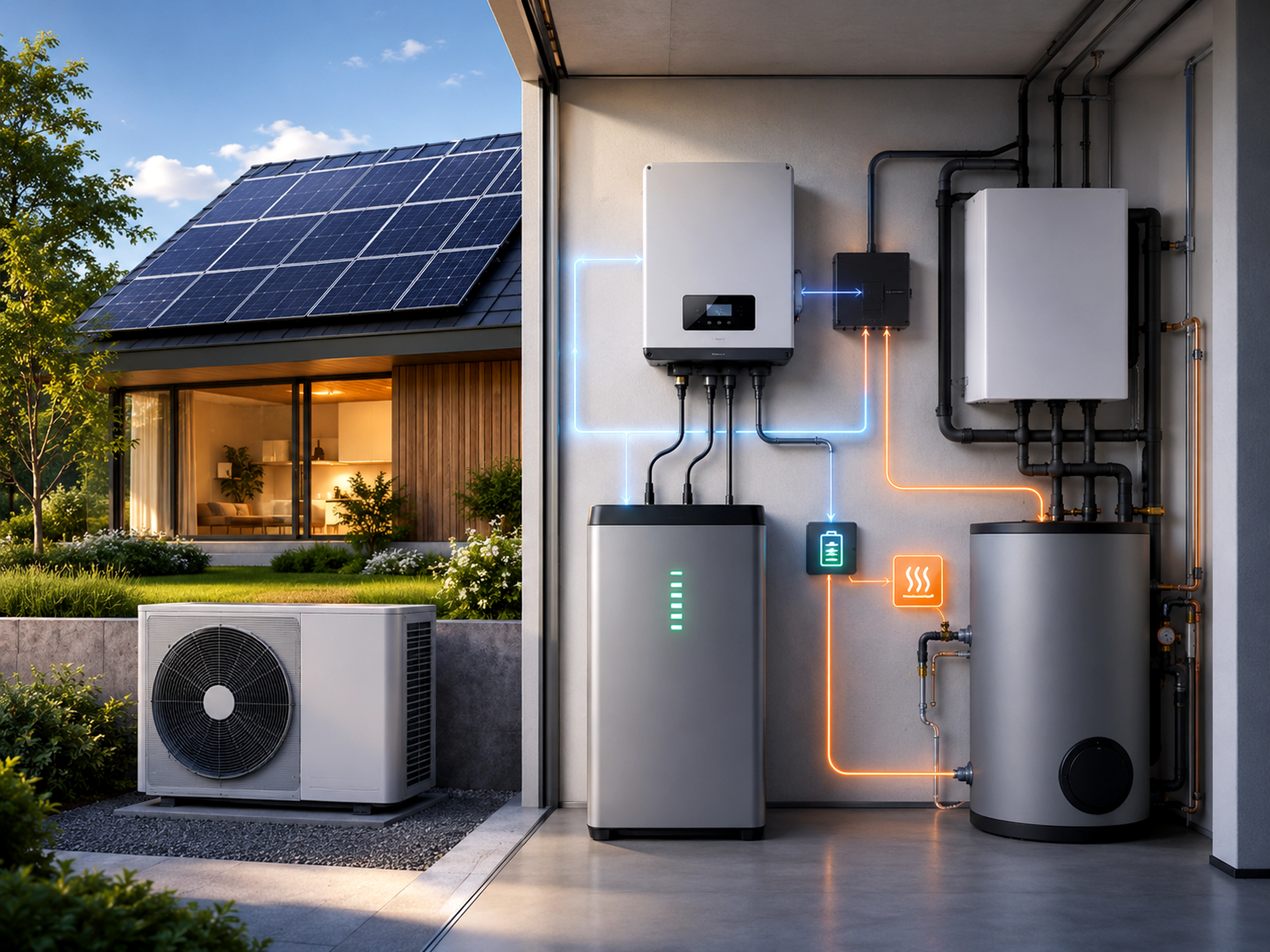 Illustration eines Photovoltaik-Systems mit Speicher, Steuerung und Energiefluss